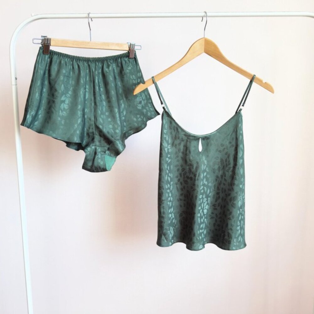green two piece lingerie shorts and camisole set